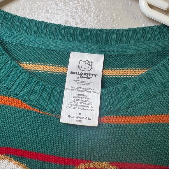 HELLO KITTY Gingerbread Sweater Girls XL Striped Christmas Holiday Green Gold - Picture 2 of 4